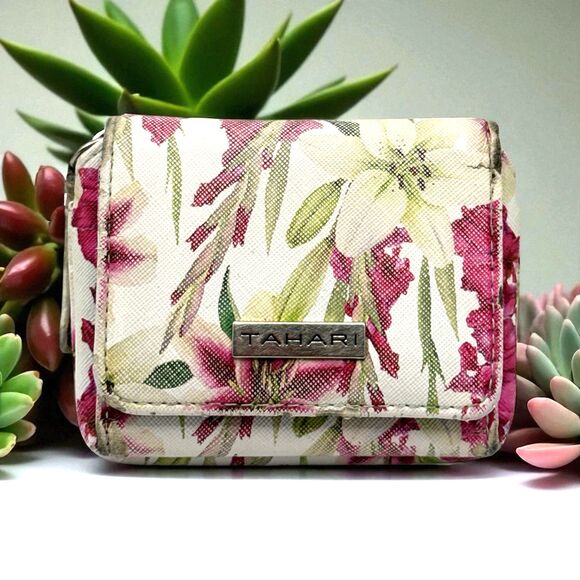 Vegan Leather Tahari Floral Mini Mate Wallet Bifold Tropical - Picture 1 of 6